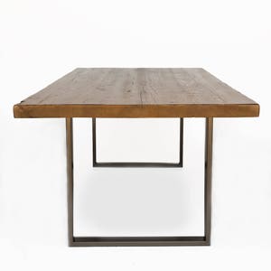 Modern U Design Dining Table with reclaimed wood top and steel base in choice of style, height, color, size and finish.