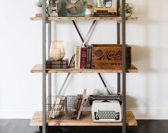 Standing Shelves made with reclaimed wood and steel X support, choose width and finish.