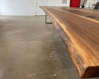 Live Edge Solid Walnut Wood Conference Table with reclaimed wood top and steel frame legs in Oil Finish