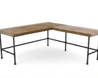 Solid Wood Corner Desk or L Desk made with reclaimed wood and iron pipe legs.  Choose size, return side and finish.