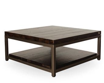 Square Coffee Table or Rectangle Coffee Table with storage, reclaimed wood top and shelf. Choose size, thickness, and finish.