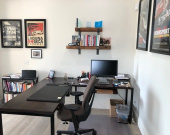 Farmhouse Office Desk in L shape made with reclaimed wood and square steel legs in choice of size and finish and thickness