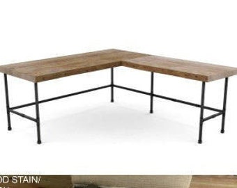 Rustic modern L shaped desk with barn wood top and iron pipe legs. Choose size, wood thickness, height and finish. Custom inquiries welcome.