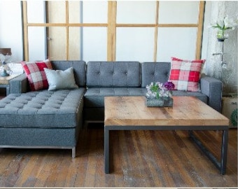 Harvest Wood Coffee Table with 1.5" thick reclaimed table top and painted steel base.