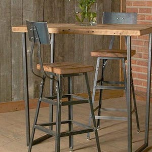 Stool with steel back in three heights 18 table height, 25 counter height, 30 bar height. Your choice of wood finish and height. image 1