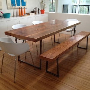 Modern Dining Room Table made with 1.5 thick reclaimed wood top. Variety of table bases, sizes and finishes available. image 1