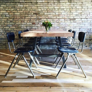 Farmhouse Dining Table with 2.5 thick reclaimed wood top and A frame steel base. Custom designs, sizes, heights welcome. image 1