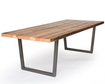 Modern Farmhouse Dining Table, Rustic Dining Table made with reclaimed wood and steel base.  Custom orders welcome.