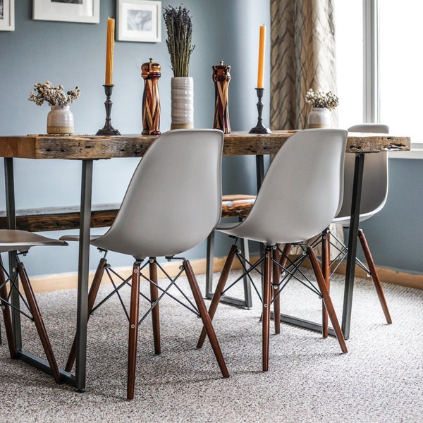 Rustic Dining Table with steel base and reclaimed wood top-order your choice of size and finish