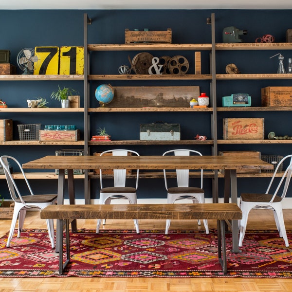 Farmhouse Shelving Unit, Custom Shelving made of reclaimed wood and square tube steel.  Choose size and wood finish.