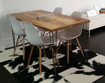 Mid Century Modern Steel Hairpin Leg Table, reclaimed wood top, natural finish in first pic. 60" L x 30"W x 30" tall