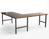 L-Shaped Desk, Corner Desk made with a reclaimed wood top and steel H legs in your choice of size, return side, thickness and wood finish.