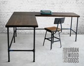 Urban Wood L Shape desk crafted of reclaimed wood with pipe legs or square steel legs