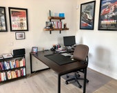 Farmhouse Office Desk in L shape made with reclaimed wood and square steel legs in choice of size and finish and thickness