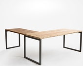 Modern Reclaimed Barn Wood Office L Desk with painted steel base, natural wood table top-choice of finish, design and leg style.