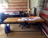 L Shape desk crafted of reclaimed wood with pipe legs or square steel legs