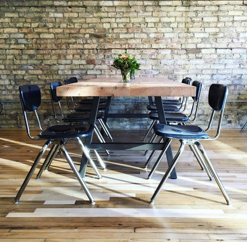 Farmhouse Dining Table with 2.5 thick reclaimed wood top and A frame steel base. Custom designs, sizes, heights welcome. image 1