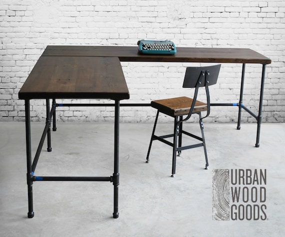 Wood Desk In L Shape Made With Reclaimed Wood And Pipe Legs In Etsy
