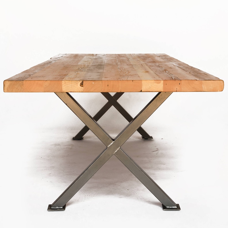 Modern Farmhouse Dining Room Table made with reclaimed wood and steel X shaped base. Choose size, height, wood thickness and finish. image 1