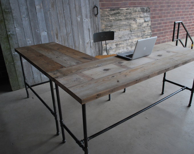 L Shape Modern Rustic Desk Made of Reclaimed Wood. Choose Your Size