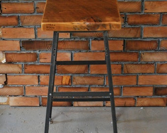 2 Farmhouse Wood and Steel Industrial Shop Stools. Made in Chicago. Qty (2)-choose height; table 18"H, counter 25"H or bar height 30"H