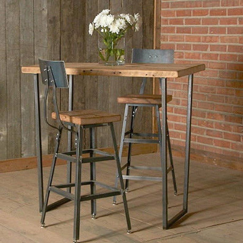Stool with steel back in three heights 18 table height, 25 counter height, 30 bar height. Your choice of wood finish and height. image 1