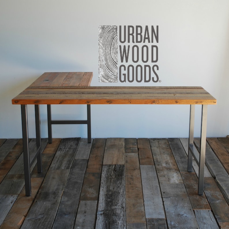 L Shaped Desk made of reclaimed wood and steel H base. Choose, size, thickness, return side, height and finish. image 3