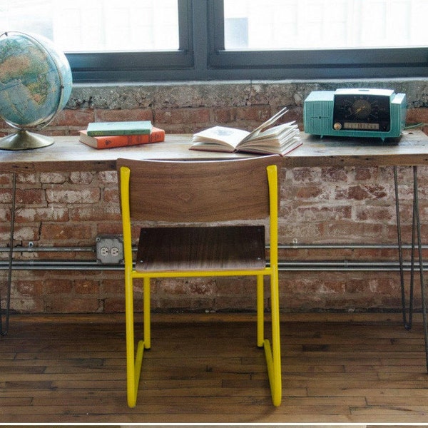 Mid Century Wood Desk with reclaimed wood top and hairpin legs.  You choose size, tabletop thickness and wood finish.