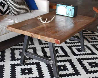 Rustic Modern Coffee Table made with reclaimed wood and steel A frame base.  Choice of size, wood thickness and finish.