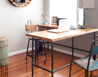 Reclaimed Wood Desk in L shape with Iron pipe legs in choice of size, height and finish