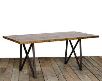 Monarch Rustic Dining Table with 1.5" reclaimed wood top and modern style legs.  Choose size, thickness, finish.  Custom inquiries welcome.