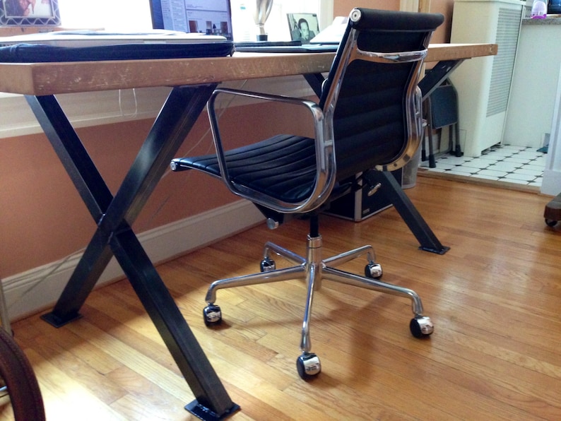 Farmhouse Wood Desk with steel X base and reclaimed wood top. Choose size, wood thickness and finish. Custom inquiries welcome. image 2