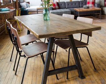Farmhouse Wood table with reclaimed wood top and steel A-frame legs in choice of sizes or finishes