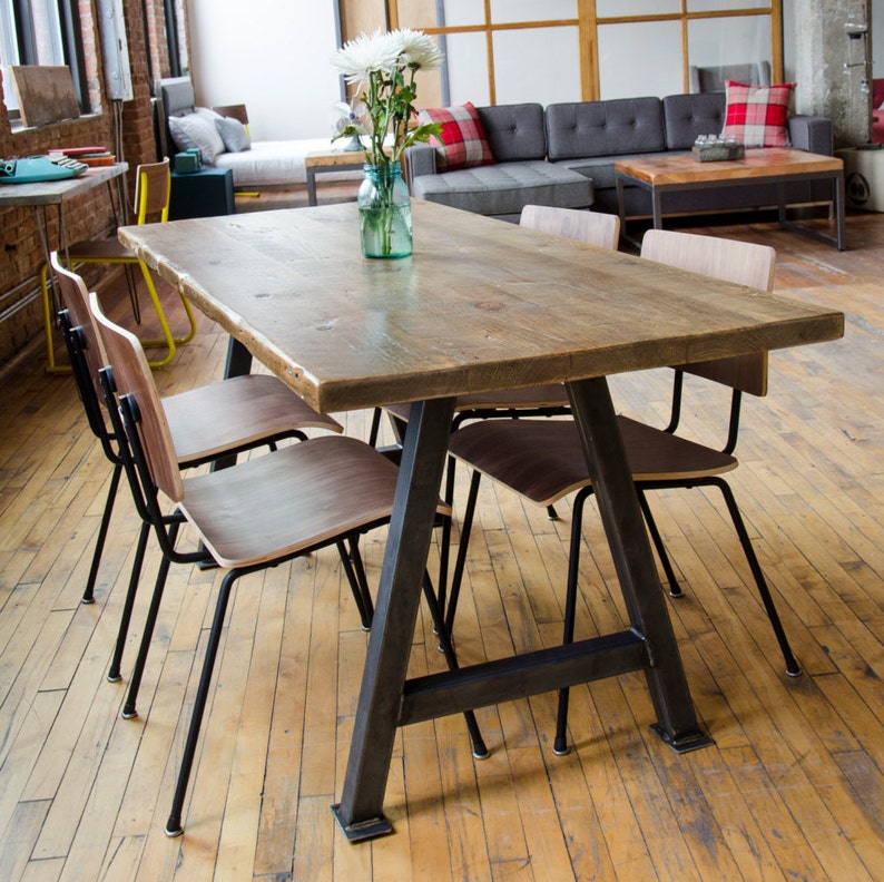 Modern solid reclaimed wood dining table, custom made with steel A-frame legs in choice of sizes or finishes image 2