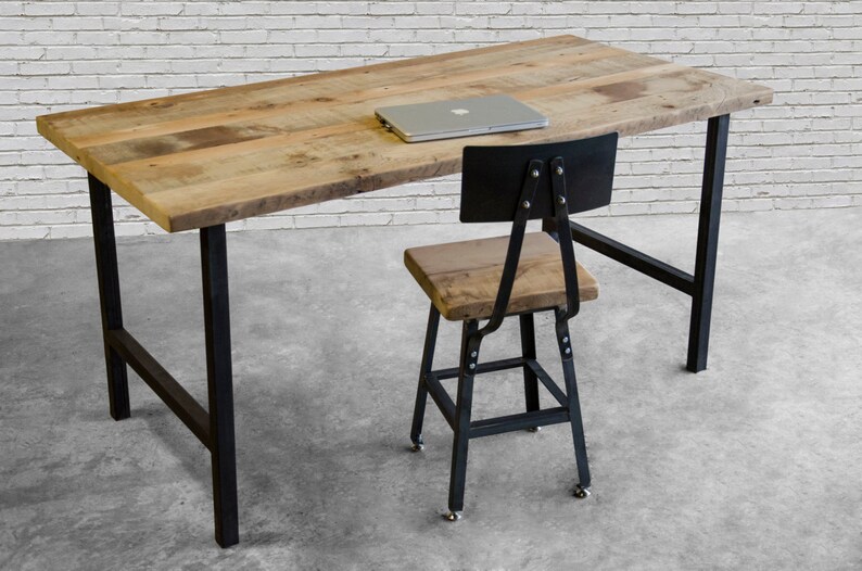 Reclaimed Wood Desk with steel H frame legs in choice of height, size, wood thickness and finish. image 1