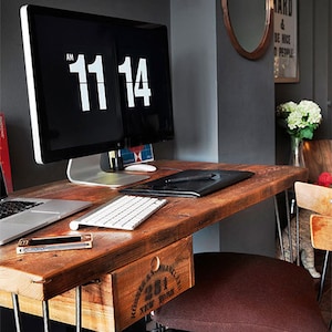 Urban Wood Desk handmade of reclaimed wood with 3 prong hairpin legs. Custom inquiries welcome. image 1