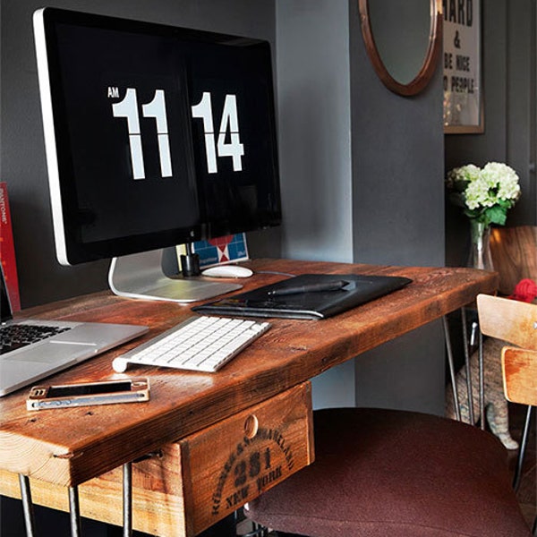 Urban Wood Desk handmade of reclaimed wood with 3 prong hairpin legs.  Custom inquiries welcome.