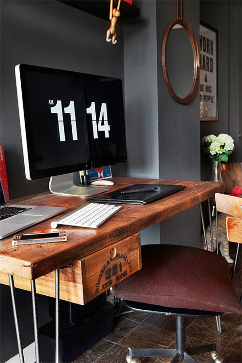 Urban Wood Desk handmade of reclaimed wood with 3 prong hairpin legs. Custom inquiries welcome. image 1