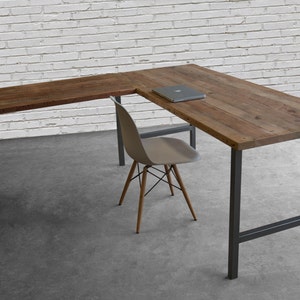 Rustic Modern Corner Desk, L Shaped Desk, Solid Wood Desk with reclaimed wood and steel H legs. Choose size, thickness, return side, finish. image 2