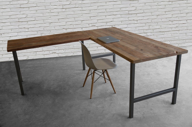 Rustic Modern Corner Desk, L Shaped Desk, Solid Wood Desk with reclaimed wood and steel H legs. Choose size, thickness, return side, finish. image 2