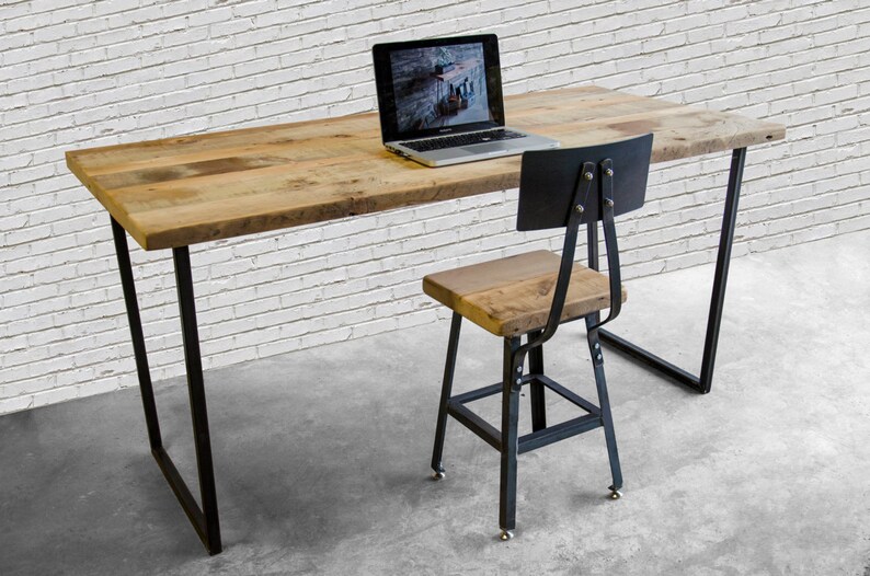 Standing Computer Desk, High Top Desk made with reclaimed wood and steel base, Custom designs available. Choose size, thickness and finish. image 3