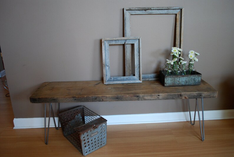 Rustic Wood Bench with sliding locker basket drawer made with reclaimed wood and hairpin legs. Choose size and finish. image 3