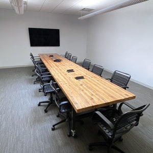 Reclaimed Wood Meeting Conference Table with 2.5 thick top and steel legs, choice of leg style, size and finish. Power hubs available. image 2