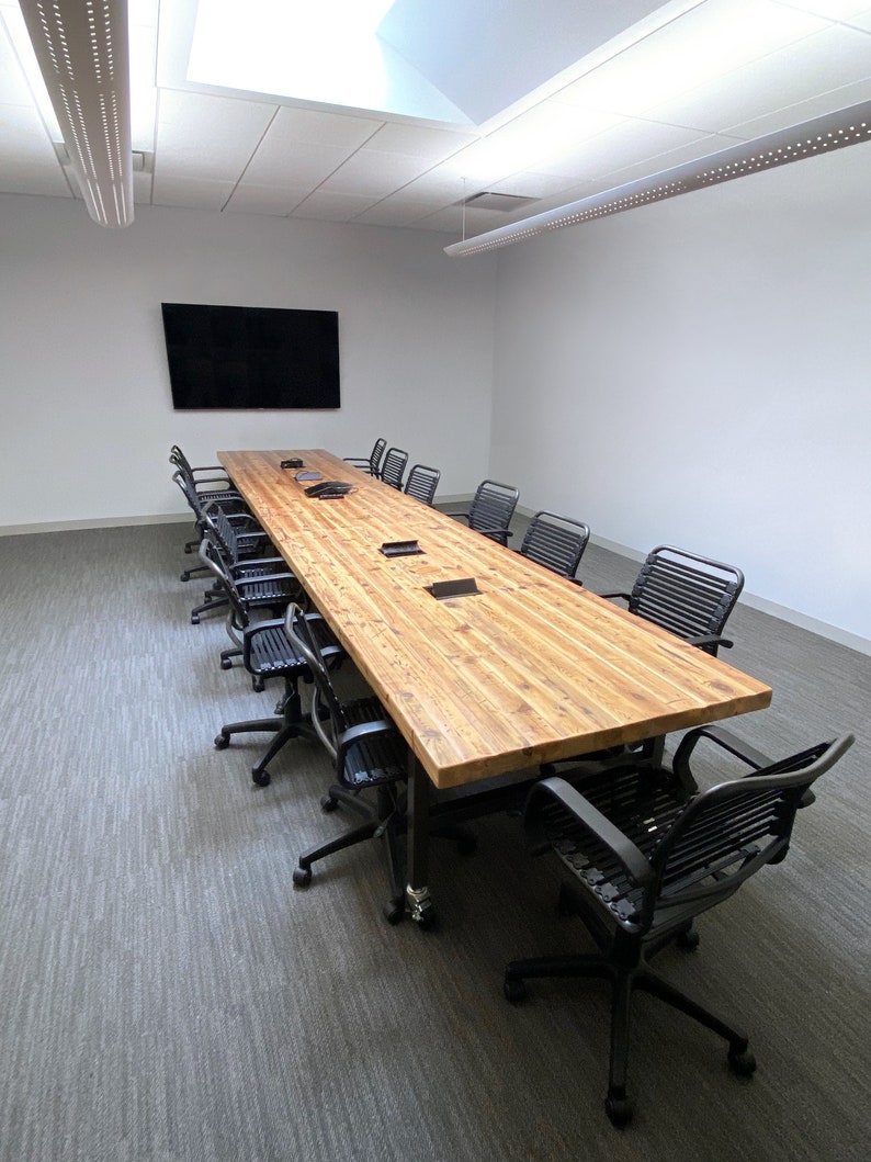 Reclaimed Wood Meeting Conference Table with 2.5 thick top and steel legs, choice of leg style, size and finish. Power hubs available. image 2