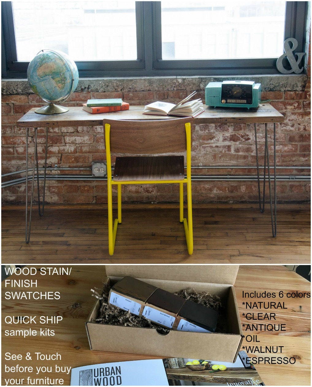 Mid Century Reclaimed Wood Desk with hairpin legs in pic one. Etsy