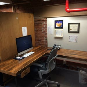 Vintage Wood Desk in L shape with iron pipe legs in choice of size, height, wood thickness and finish image 4