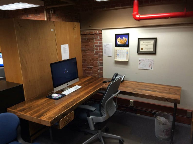 Vintage Wood Desk in L shape with iron pipe legs in choice of size, height, wood thickness and finish image 4