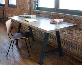 Reclaimed Wood Desk Top with Steel A-Frame Legs - Rustic Wood Desk Handcrafted for Farmhouse - Handmade Wood Furniture Desk - Computer Desk