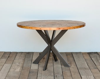 Round Dining Table in Reclaimed Wood and Pedestal Steel Legs for Kitchen Table - Round Coffee Table in Your Choice of Color, Size and Finish