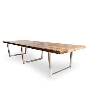 Wood Conference table in 1.5 thick white oak reclaimed wood and stainless steel legs in your choice of size and finish. image 1